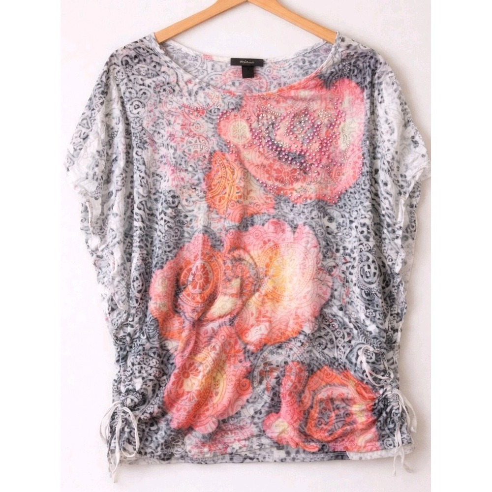 Y2K Beaded Floral Top Women L Boho Fairy Grunge Ruched Tie Sides Mesh Overlay